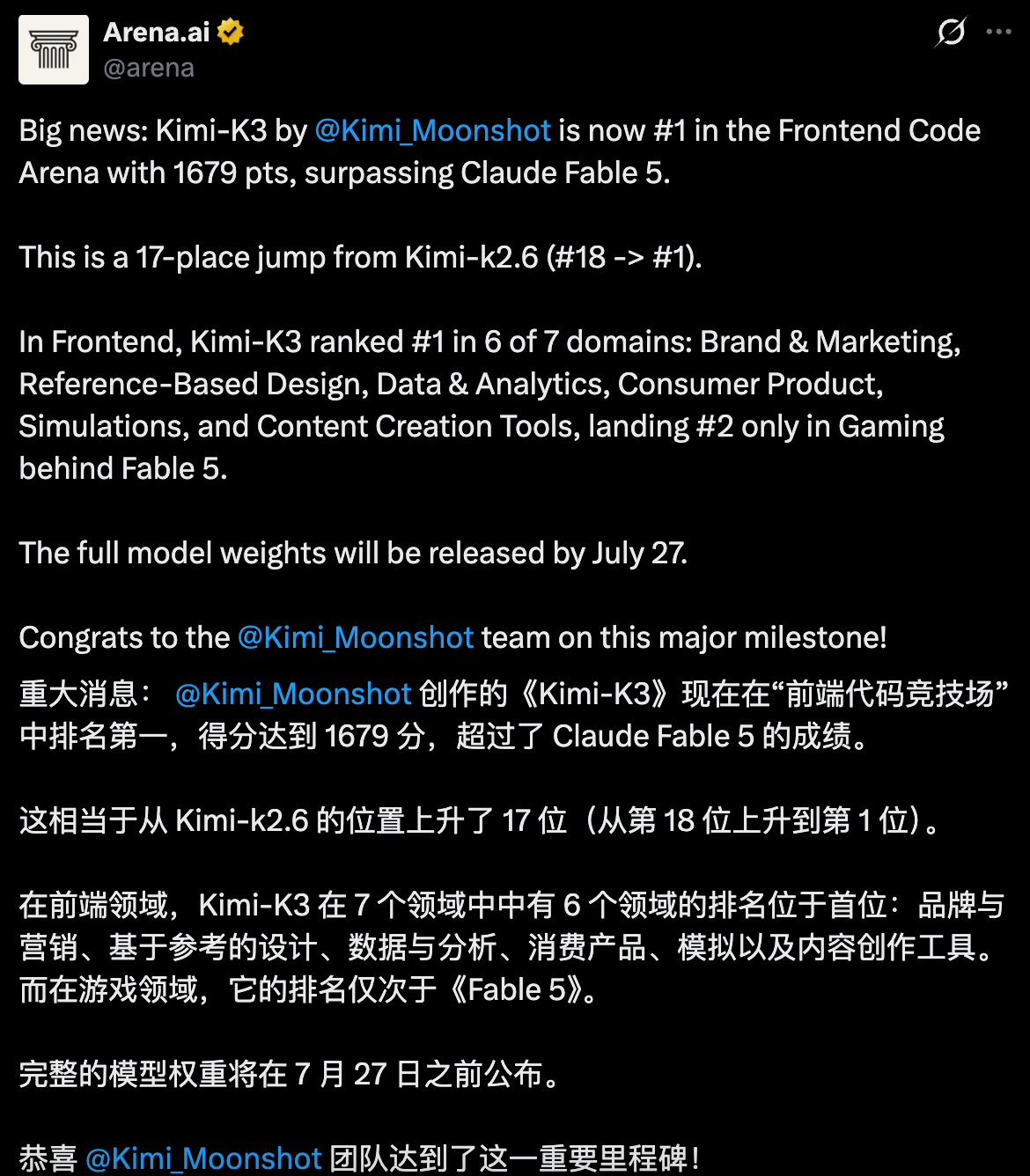 LMArena:Kimi-K3 前端代码 Arena #1