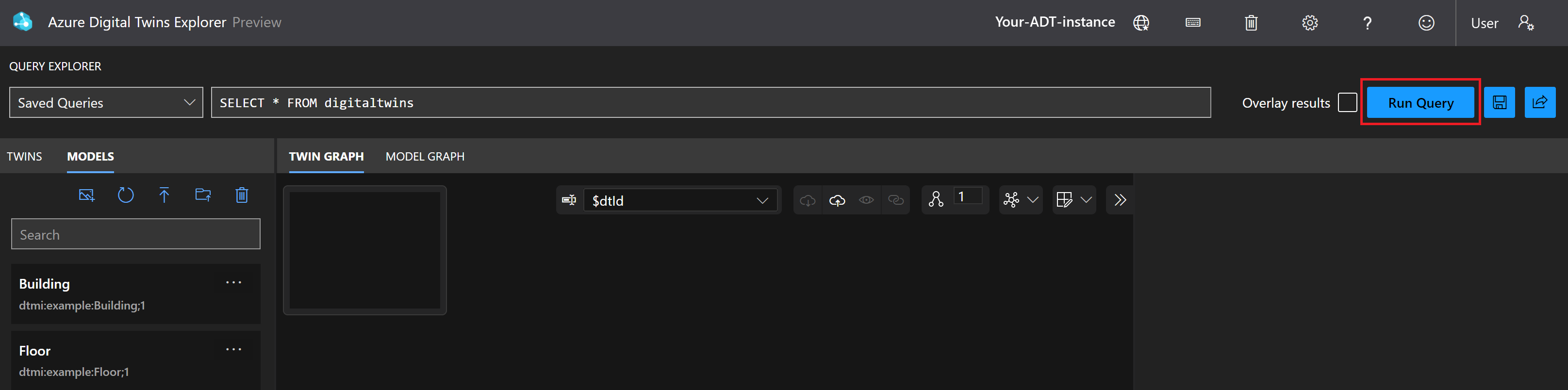 Azure Digital Twins Explorer 的屏幕截图,突出显示了窗口右上角的“运行查询”按钮。