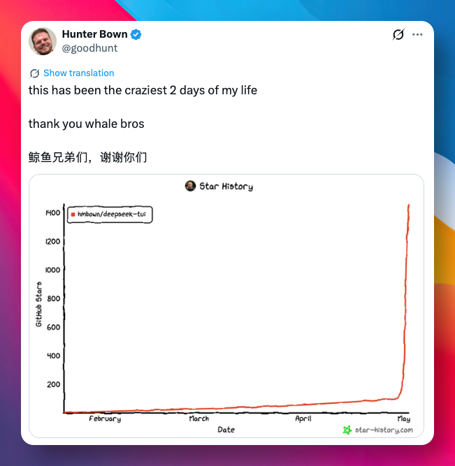 Hunter Bown 在 X 上致谢 DeepSeek，并附上 deepseek-tui 的 Star History 曲线