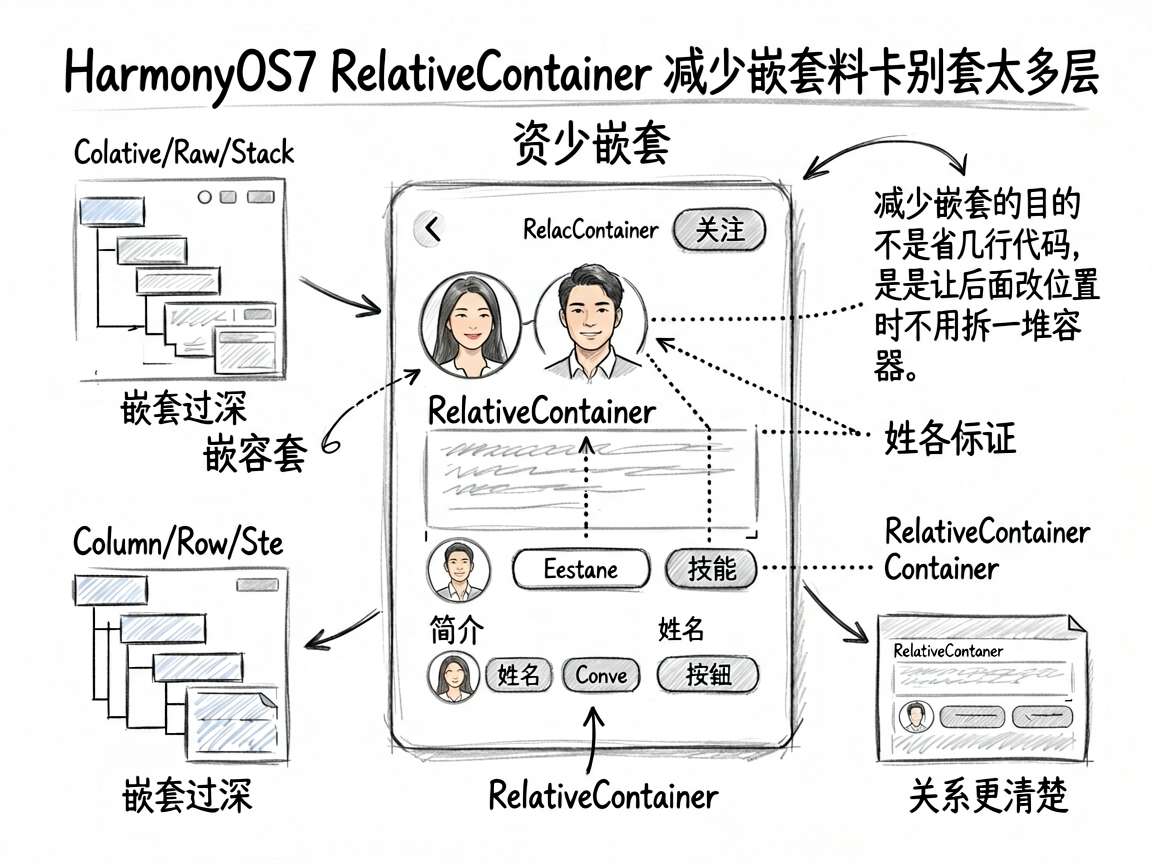 为一篇中文技术教程文章绘制一张手绘笔记风格的信息图，主题是“HarmonyOS7 RelativeC