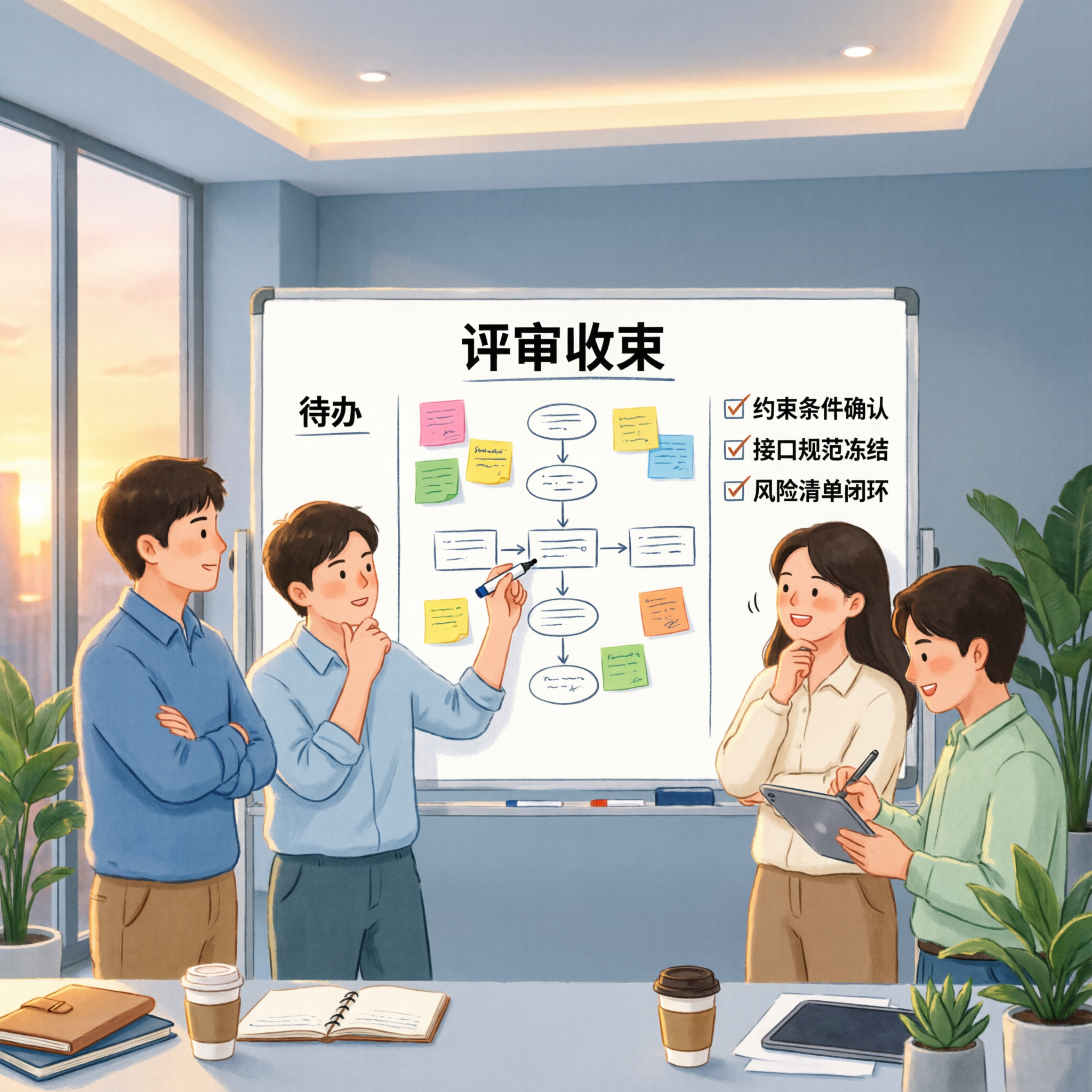 团队围绕规范评审白板协作的收束场景，现代扁平插画风