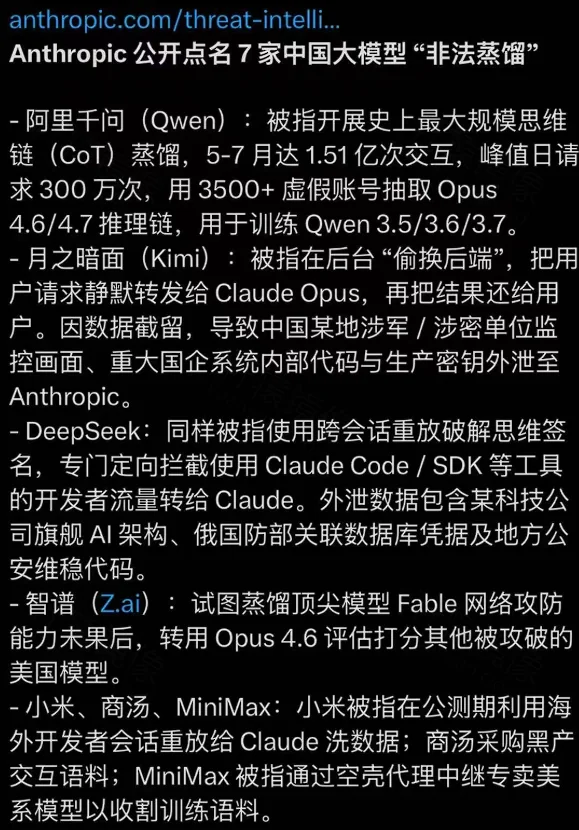 Anthropic 报告点名七家中国大模型相关蒸馏指控摘要