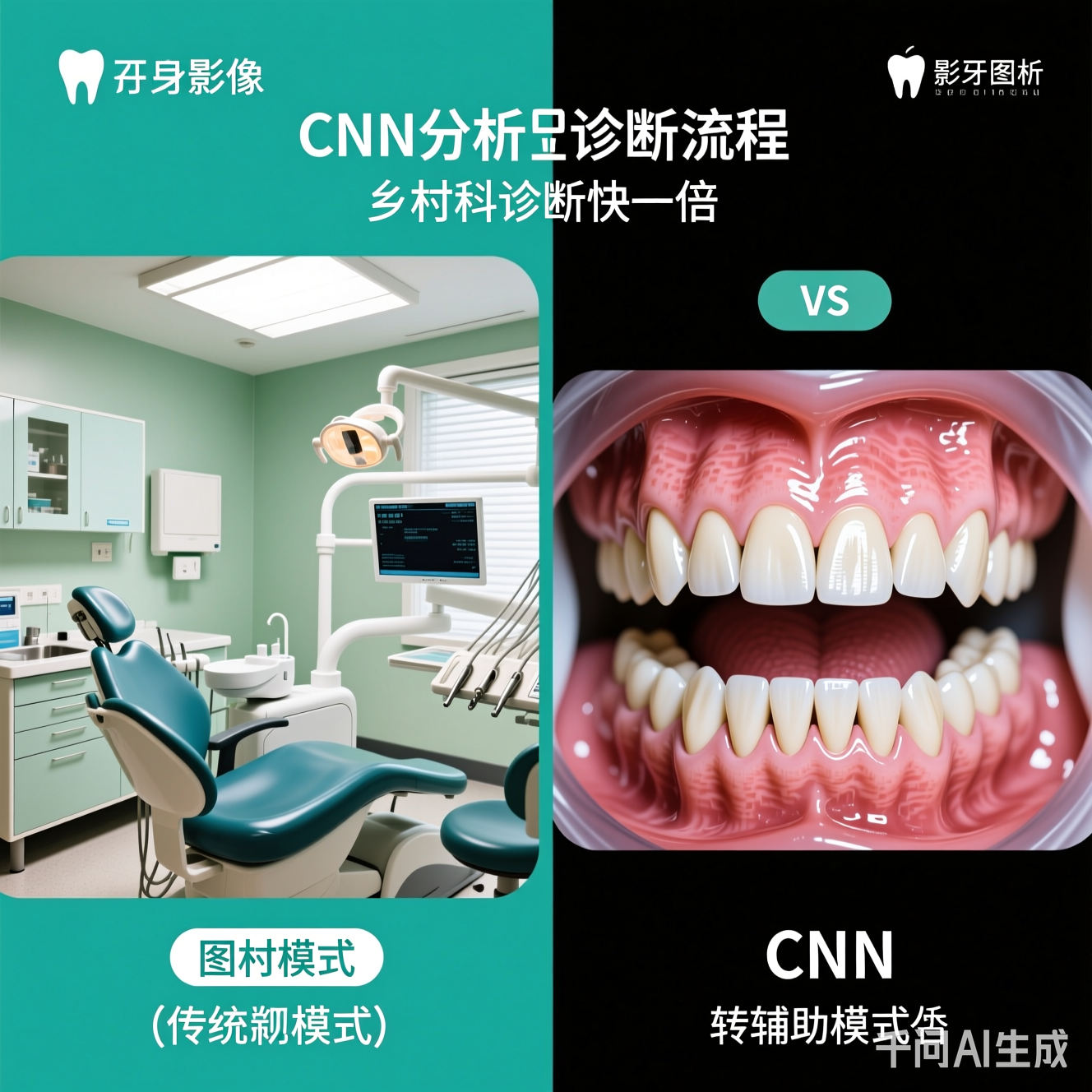 乡村牙科诊所诊断流程对比：传统模式（左）与CNN辅助模式（右）