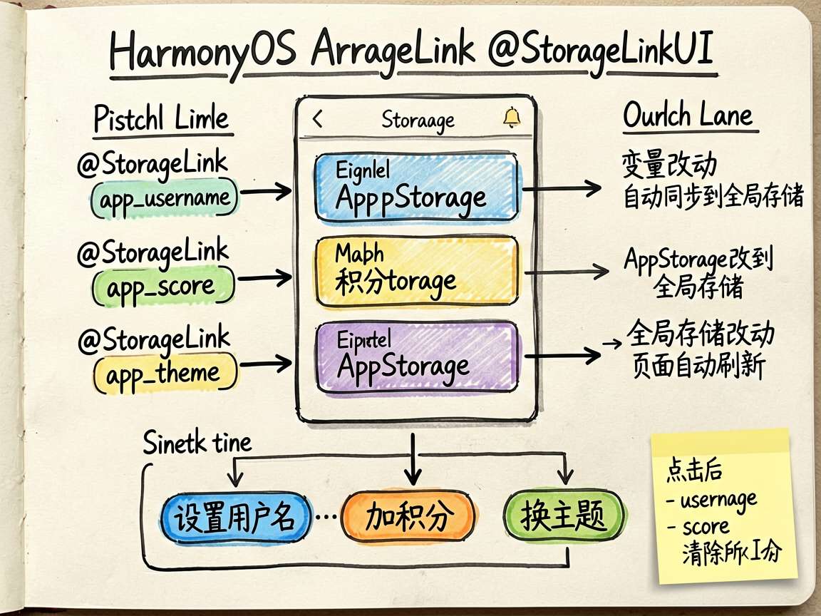 为 HarmonyOS ArkUI 的 @StorageLink 编码实现绘制一张手绘风框架图，表现