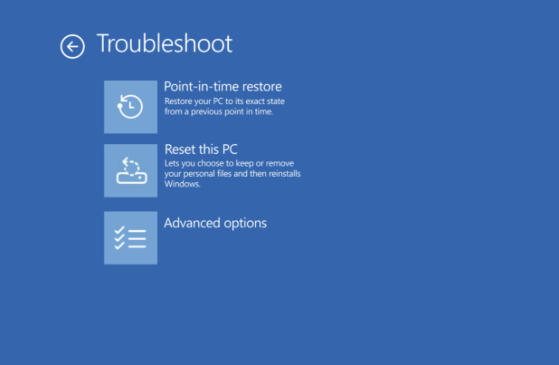 Point-in-time restore shown in the Troubleshoot menu for Windows RE.