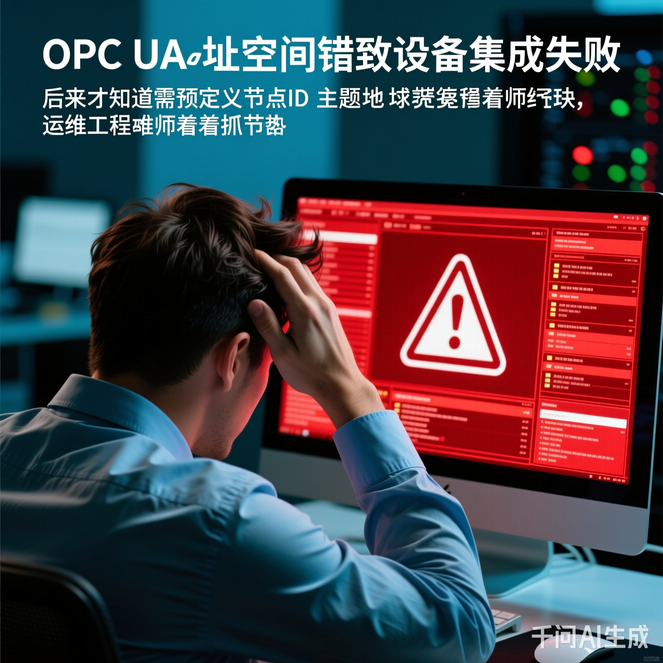 运维工程师对着电脑抓头发，屏幕上满是红色警报