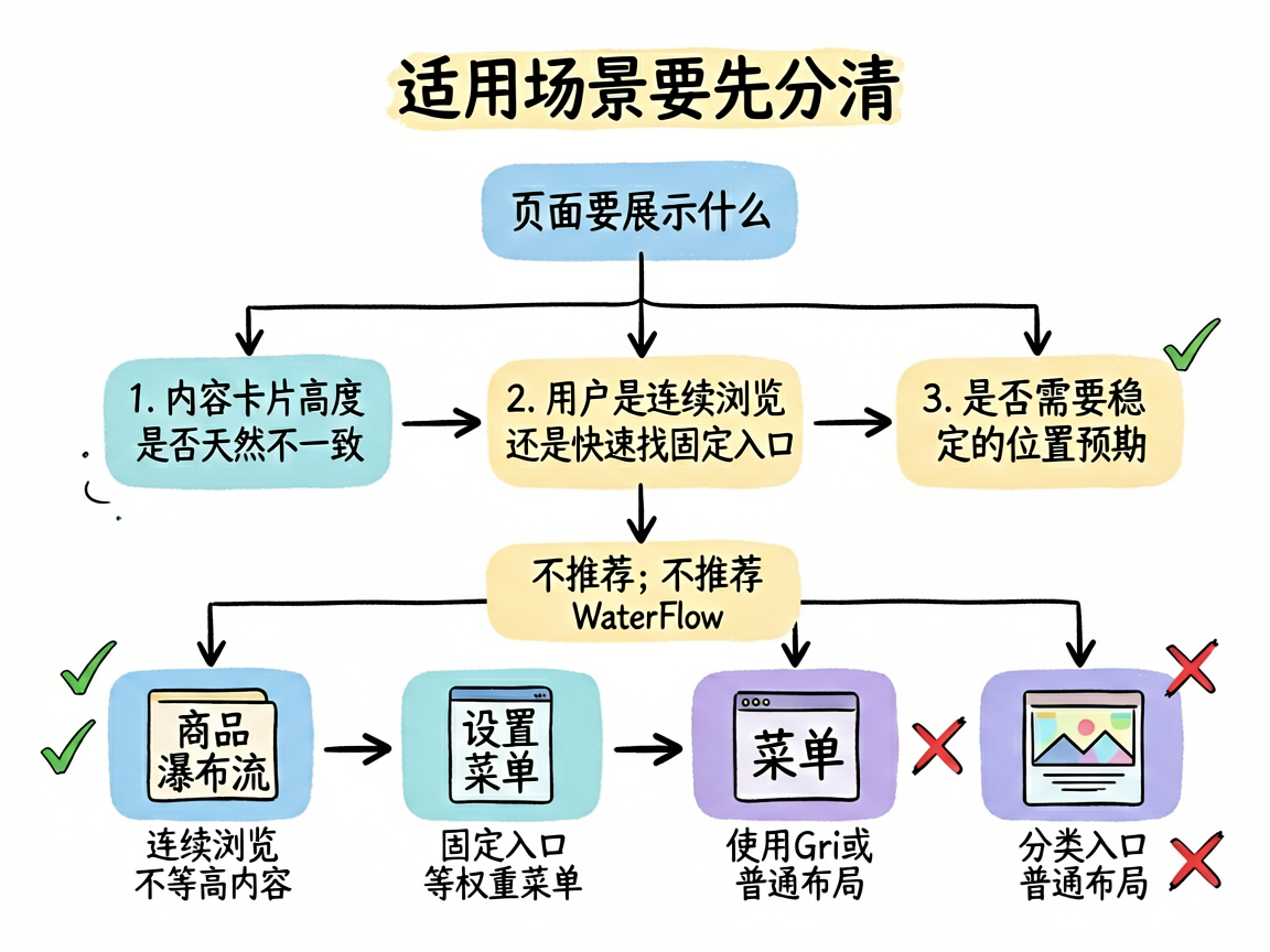 为文章中的“适用场景要先分清”部分生成一张手绘流程图。内容从“页面要展示什么”开始,分支判断:1)内