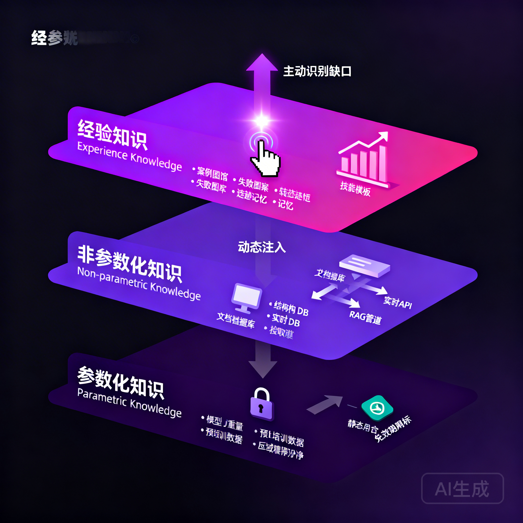 知识供给层三类知识:参数化知识(静态)、非参数化知识(动态)、经验知识(持续增长)