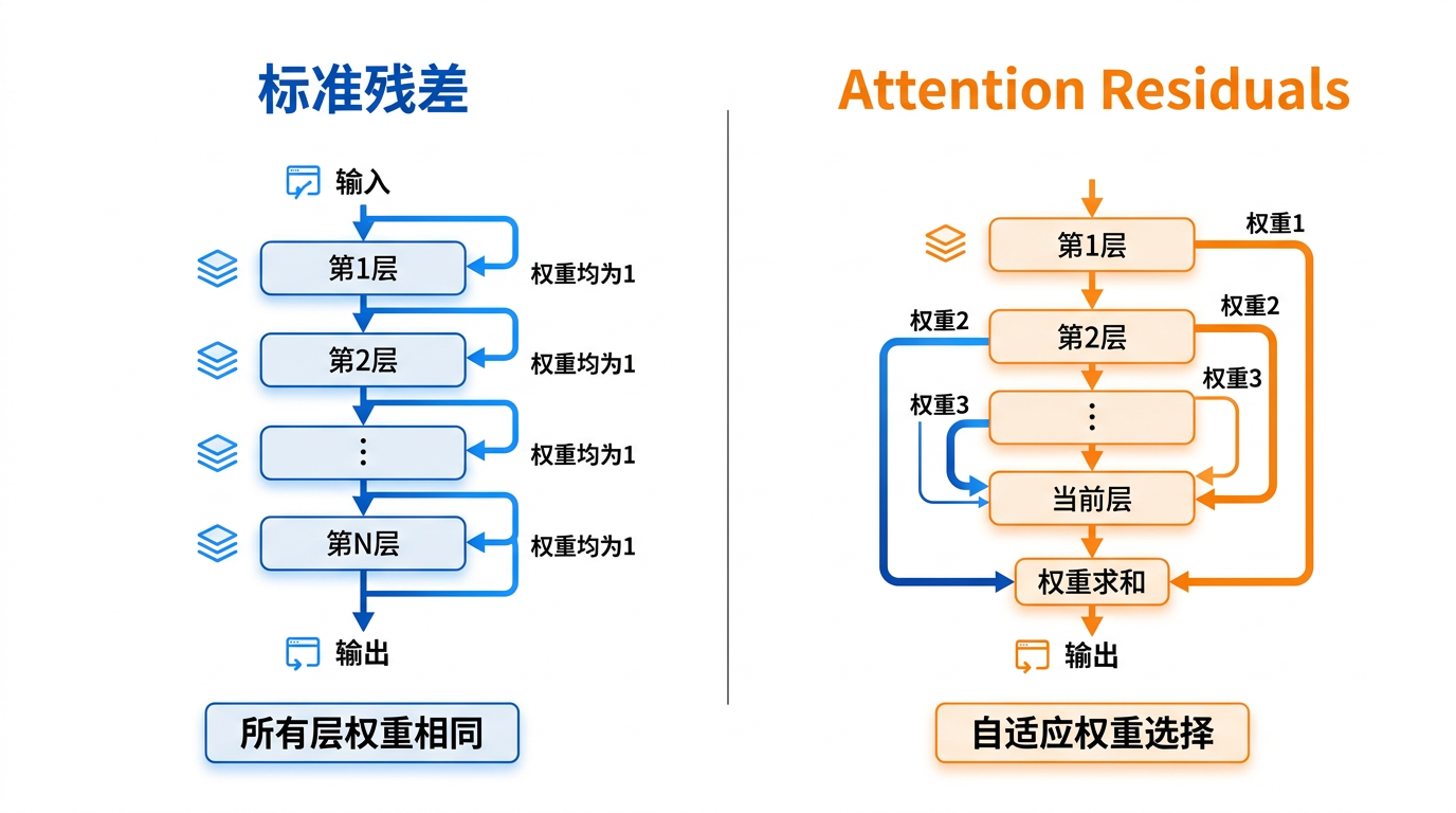 图：AttnRes 对比标准残差，选择性权重 vs 均等累加