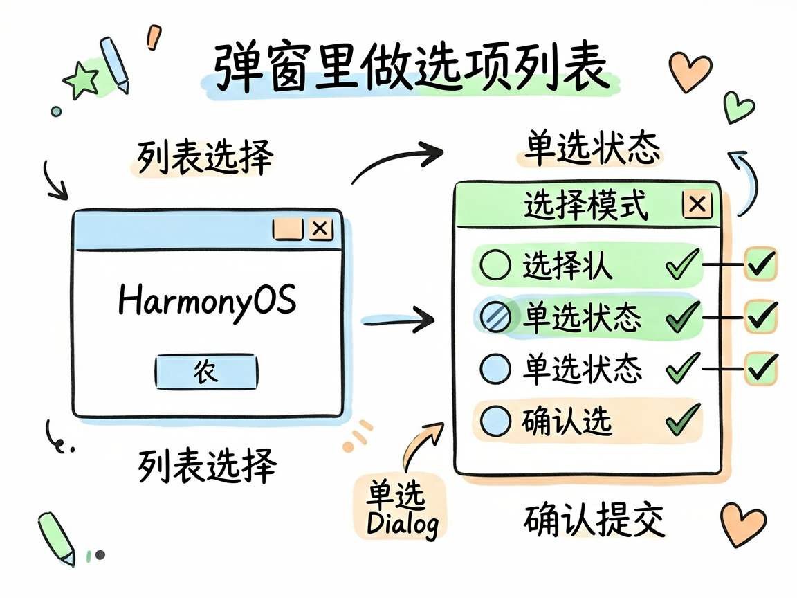 为一篇 HarmonyOS7 技术教程绘制手绘笔记风信息图,主题是“弹窗里做选项列表”。画面要表现标