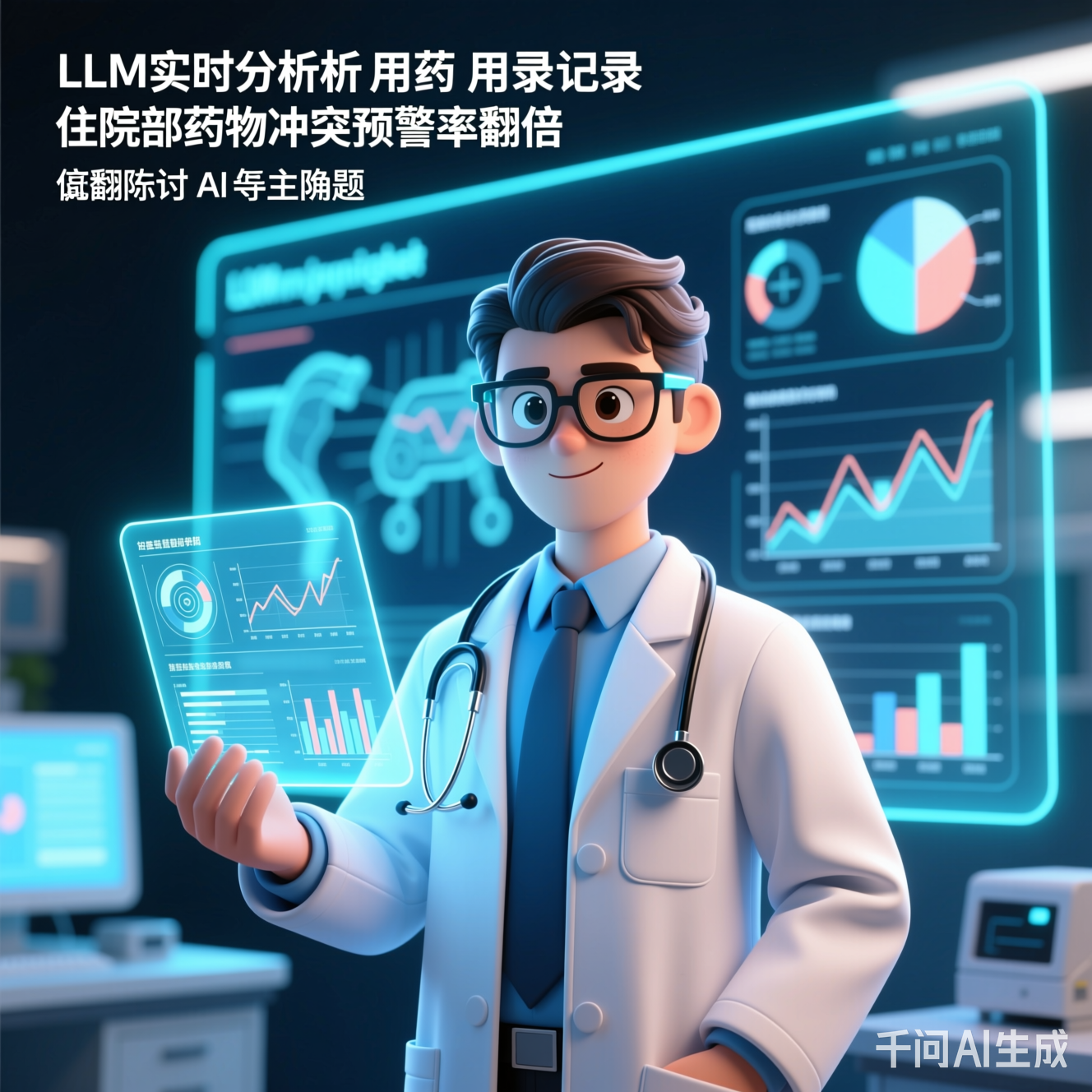 AI医生虚拟形象，背景是全息诊断报告