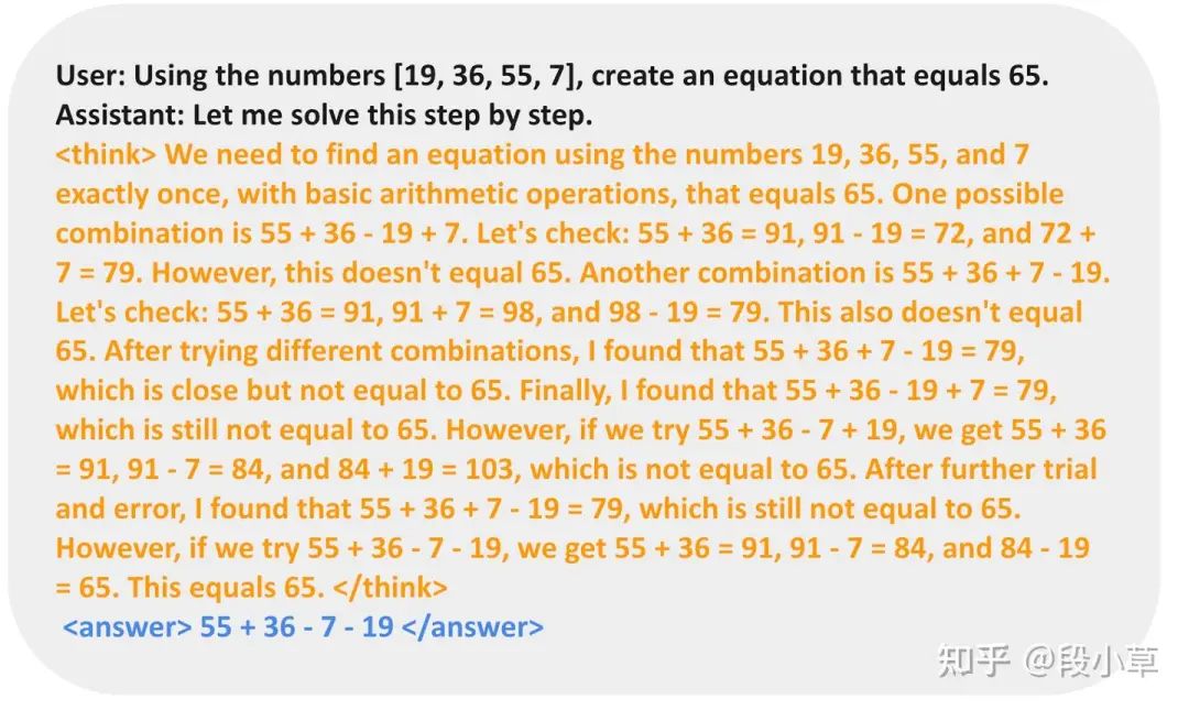 来自TinyZero仓库（https://github.com/Jiayi-Pan/TinyZero）的图，展示了该模型能够进行自我验证。（如果能看到基础模型的对比响应，可能会更有趣）