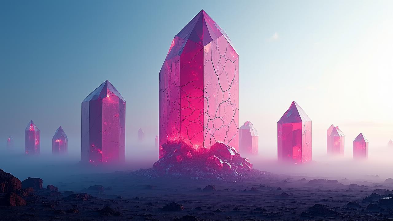 A surreal landscape where a massive crystalline mo