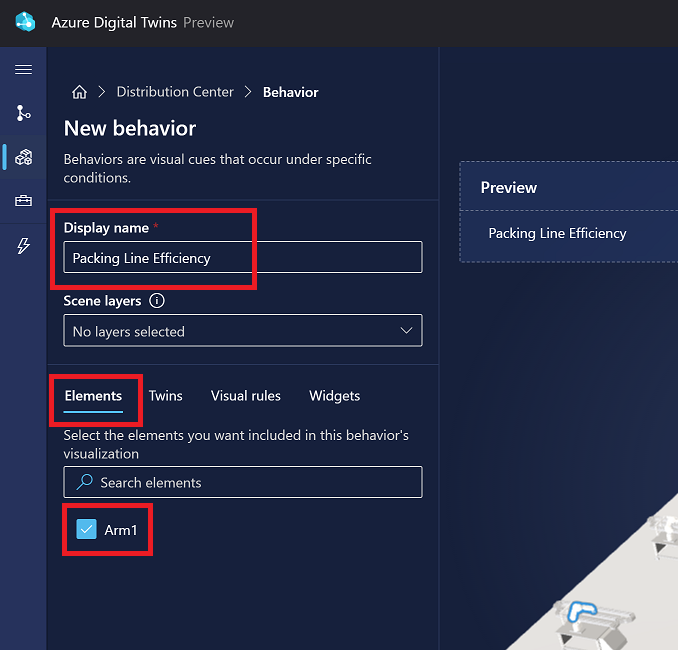 3D 场景工作室中“新行为”选项的屏幕截图,显示了“元素”选项。