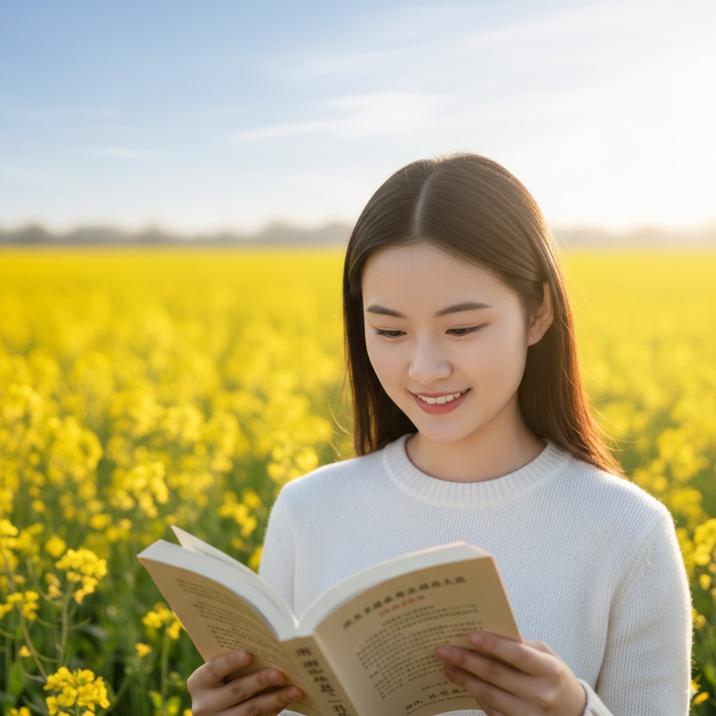 A realistic close-up portrait depicts a young Chinese girl. She has a delicate and handsome face, exudes the vitality of youth, and wears a confident smile. She is carefully reading a book. The background is a field of oilseed rape flowers. The scene is bathed in soft golden light, with gentle sunlight casting over the sea of flowers behind her. Shot with an 85mm portrait lens, it creates a softly blurred background (bokeh effect). The overall atmosphere is serene. The portrait is in a vertical orientation.
