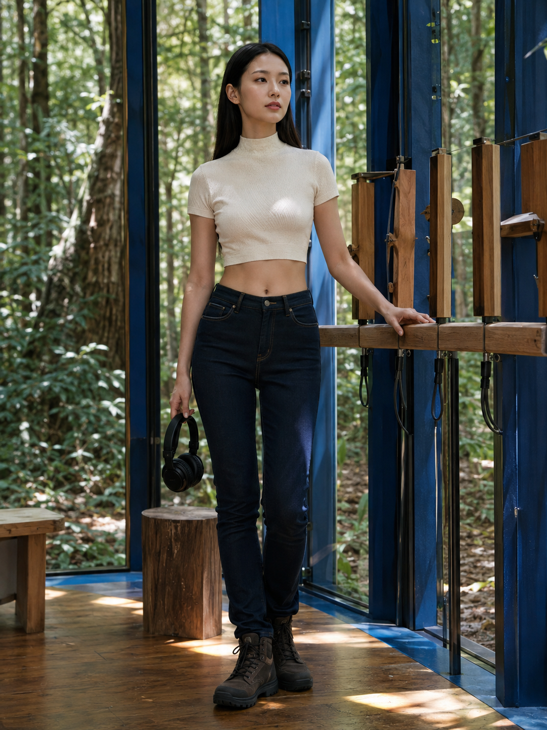 林中蓝色聆听观测站中的虚构亚洲成年女性与蓝色紧身全长牛仔裤
