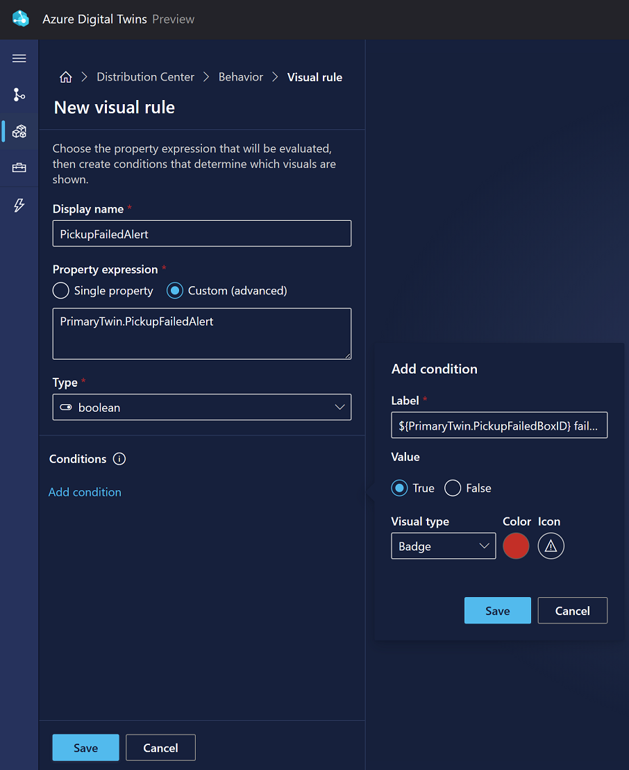 3D 场景工作室中“添加条件”选项的屏幕截图,正在创建徽章条件。