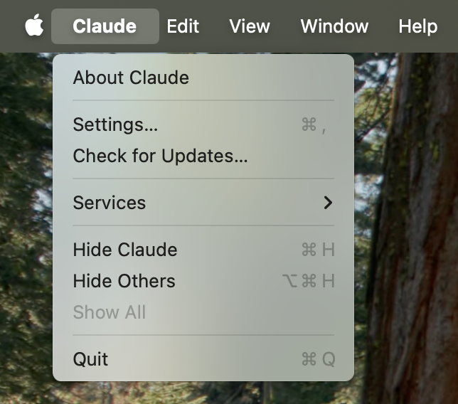 Claude Desktop menu showing Settings option