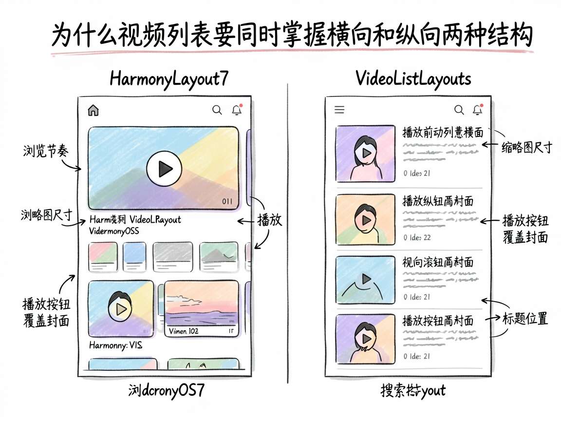 为一篇 HarmonyOS7 VideoListLayouts 教程生成手绘笔记风信息图，主题是“为