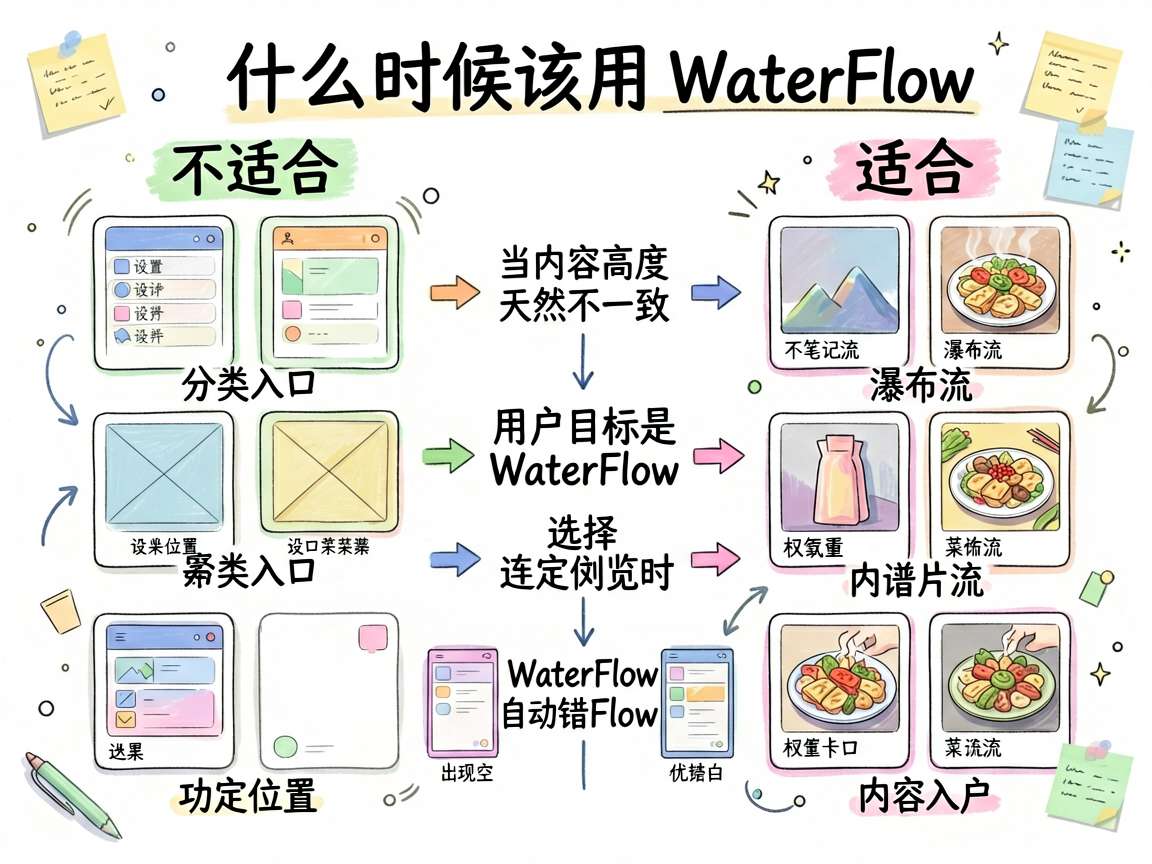 为文章《HarmonyOS7 水流布局适合内容卡片流:别把瀑布流当九宫格用》生成一张手绘笔记风的信息
