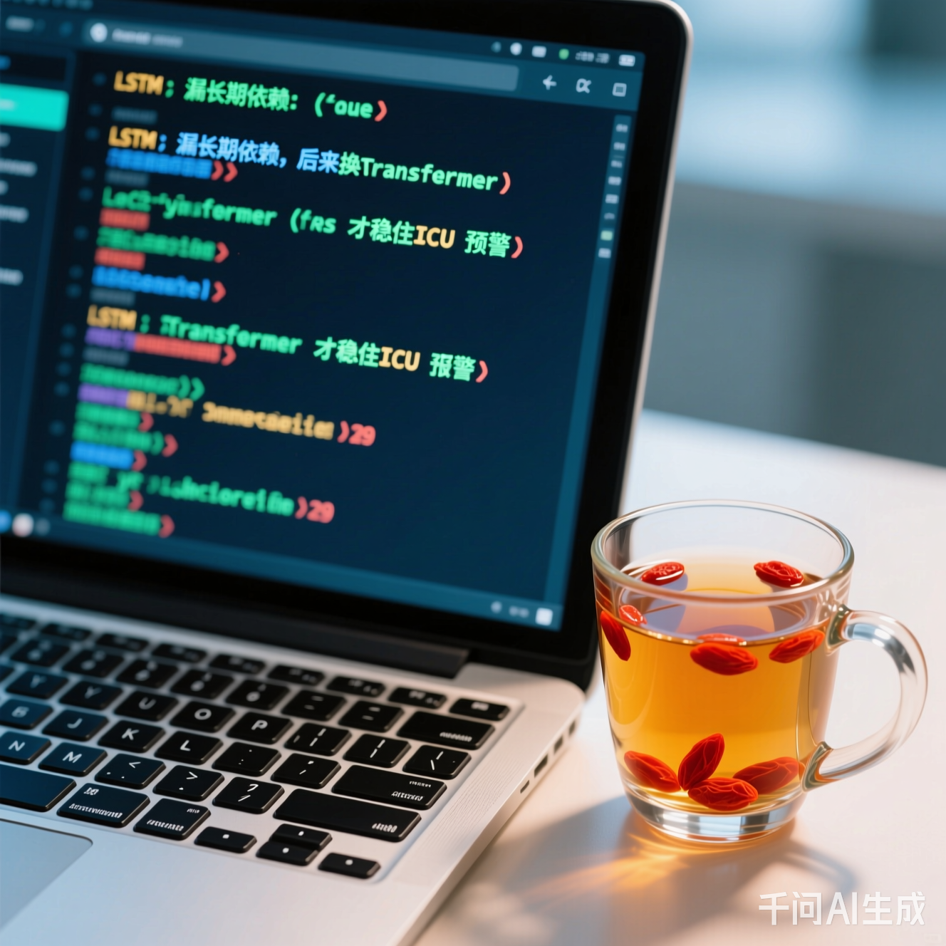 满屏报错的电脑特写，旁边放着半杯喝了一半的枸杞茶