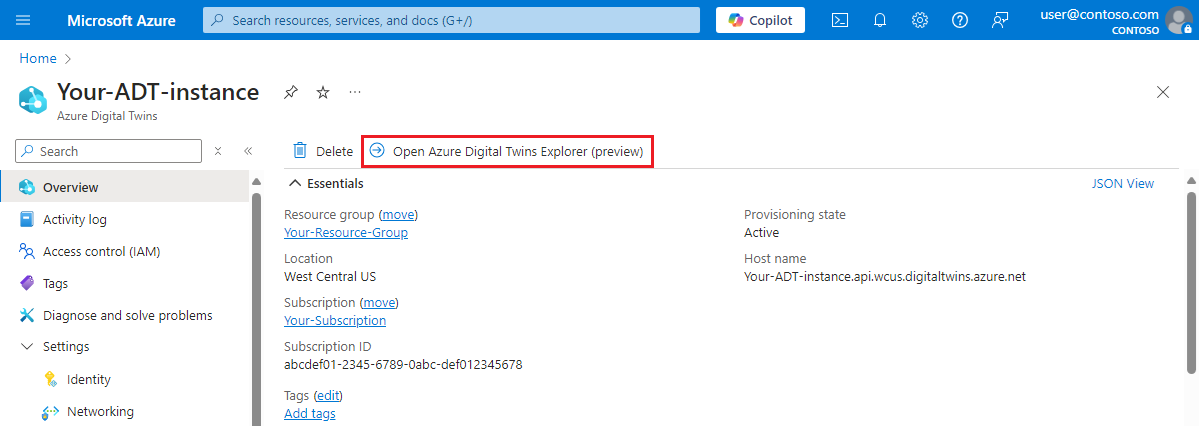 显示 Azure 数字孪生实例概述页面的 Azure 门户的屏幕截图。其中的“打开 Azure Digital Twins Explorer (预览版)”按钮突出显示。