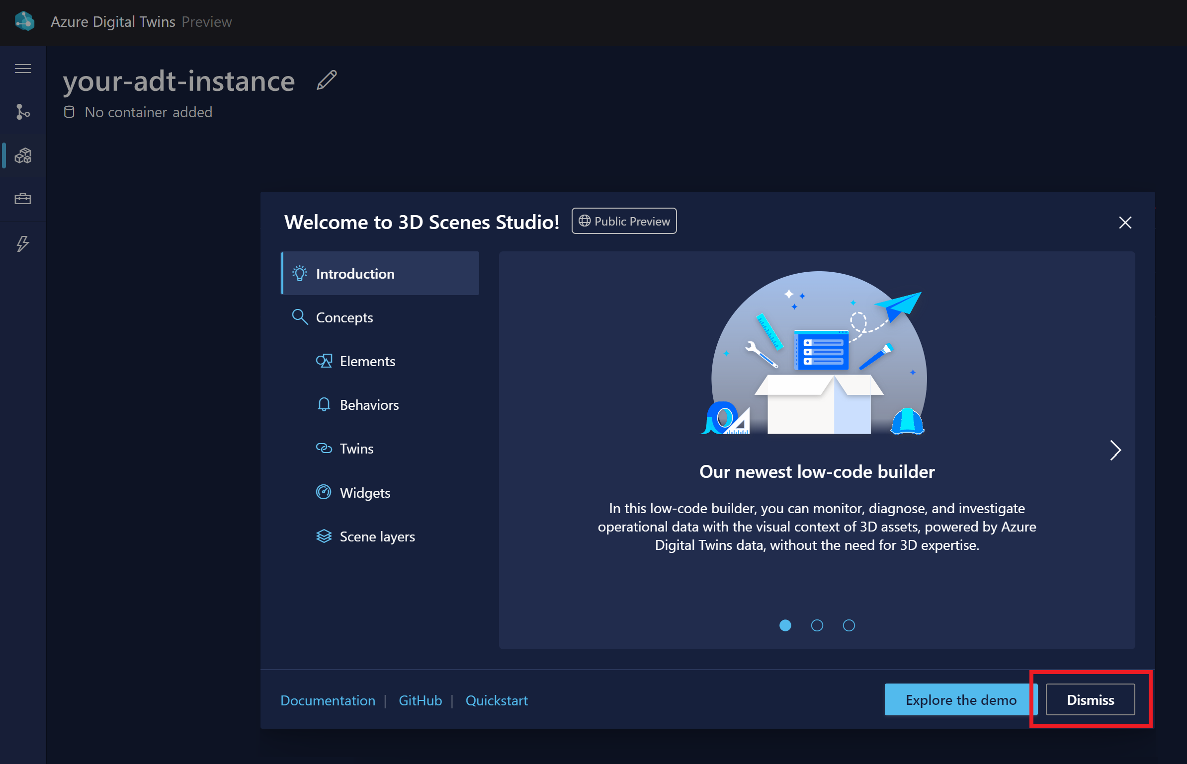 带有欢迎演示的 3D 场景工作室的屏幕截图。