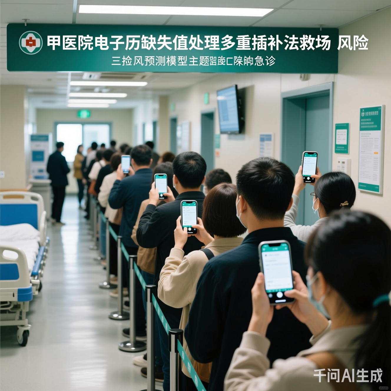 急诊室排队的人群举着手机看屏幕