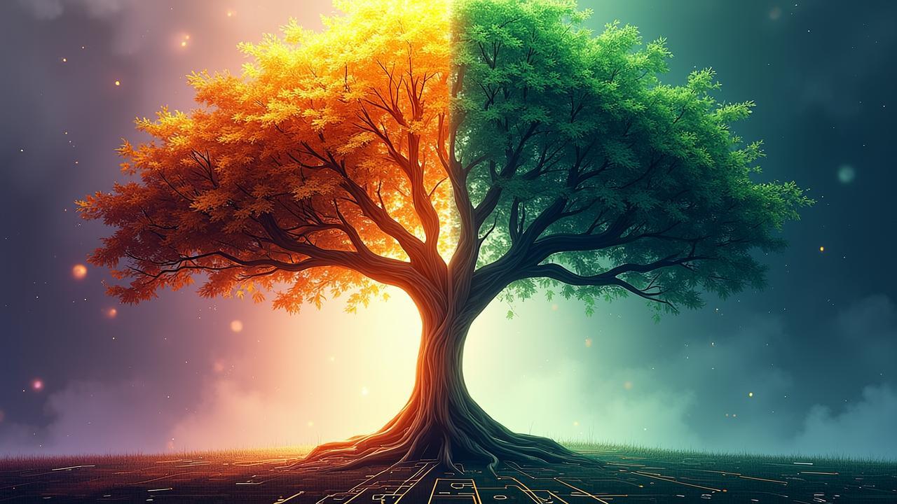 A single tree with two distinct halves of foliage,