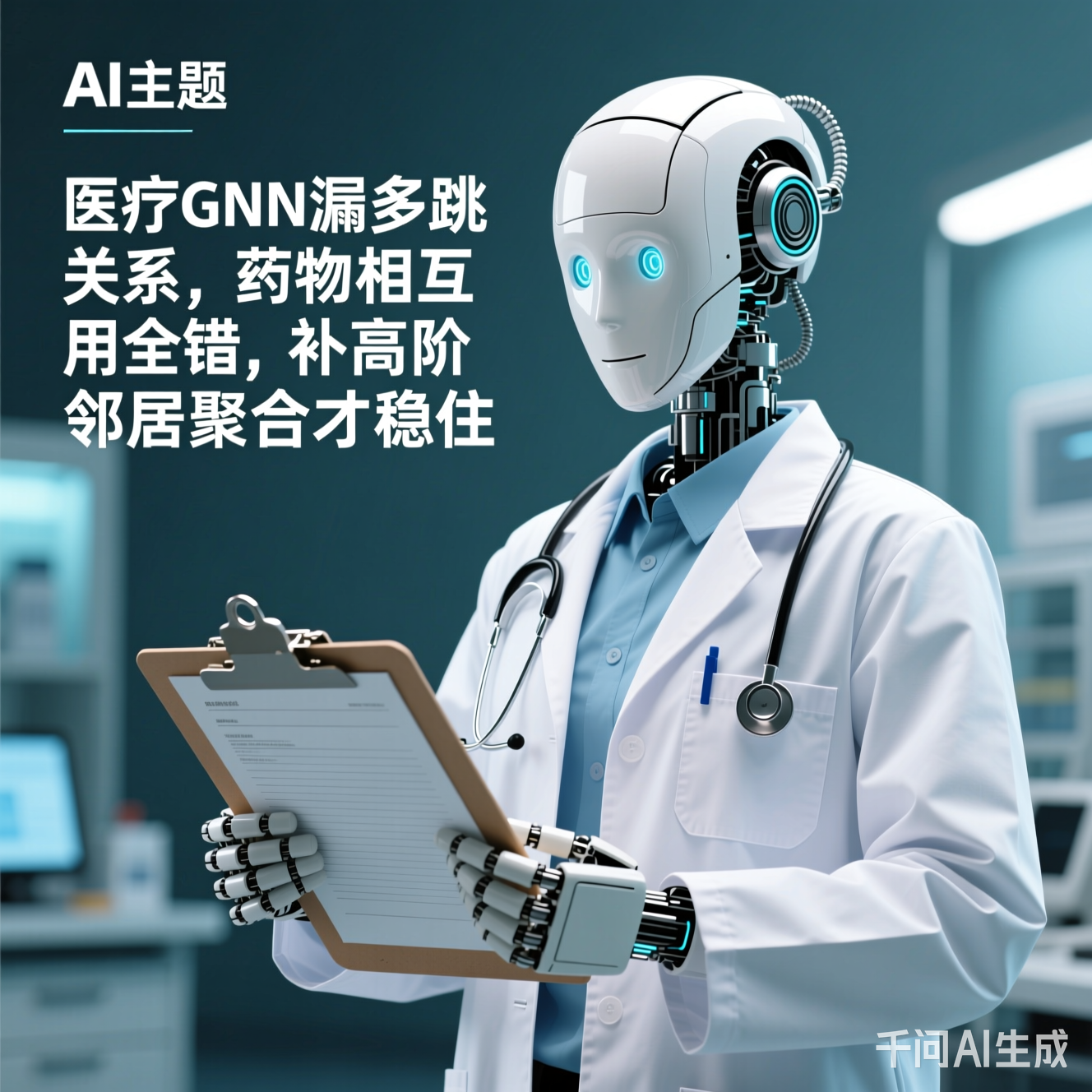 穿着白大褂的AI机器人拿着病历本