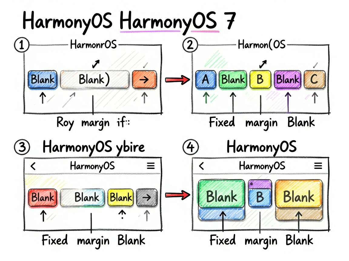 为教程中的代码案例绘制一张手绘信息图,展示 HarmonyOS 7 的 Blank() 在 Row