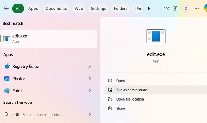 Edit folder in search menu, opened in administrator mode.
