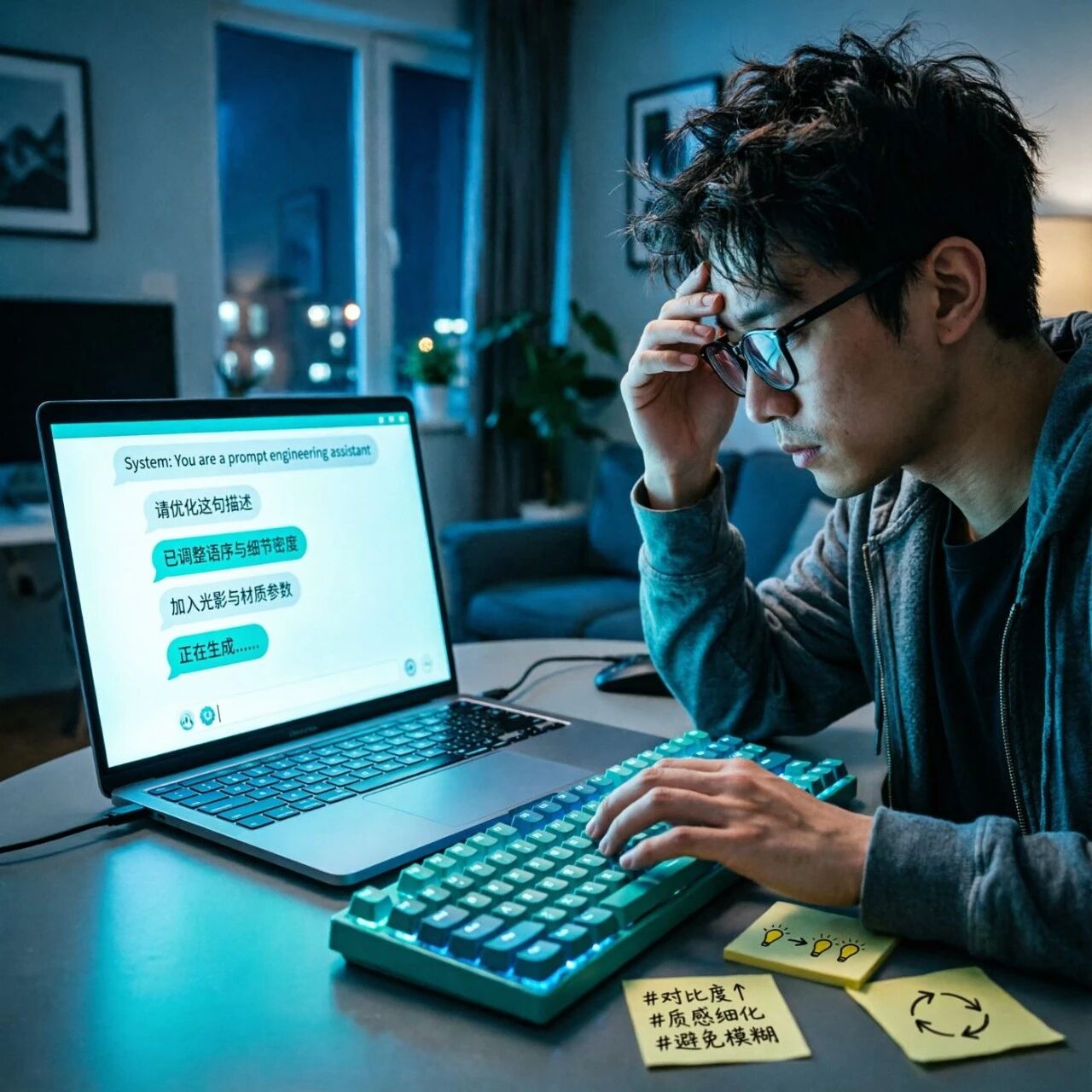 键盘与对话框并列画面，显示开发者反复修改提示词的场景