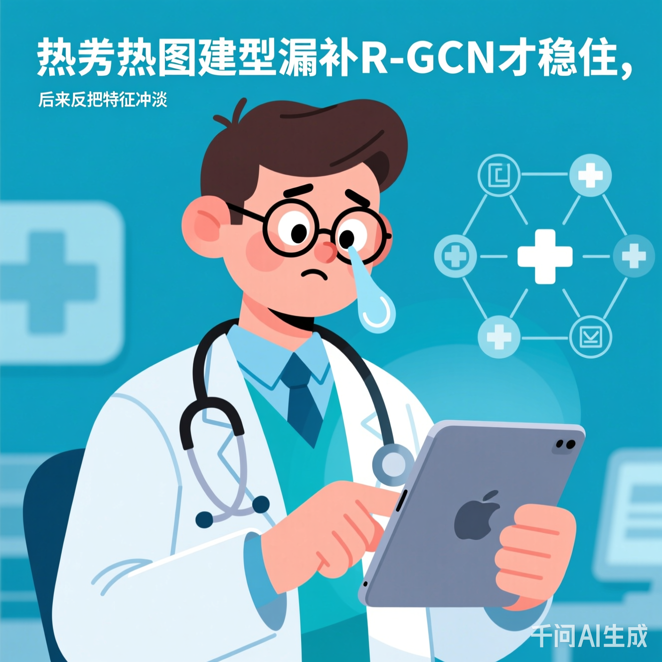 医生对着平板电脑傻眼的插画