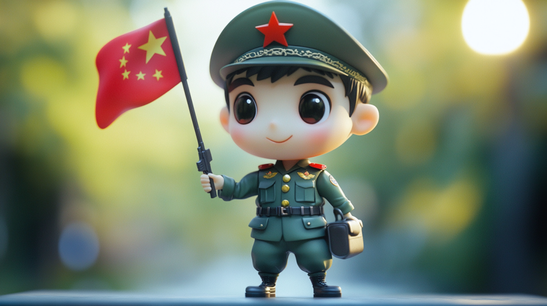出图效果:设计一个高度还原且可爱的q版手办形象的中国军人,结合萌系