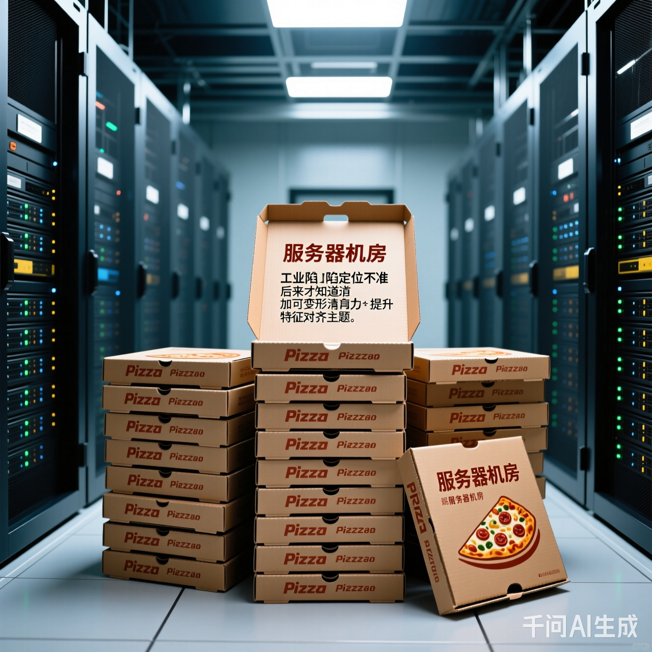 披萨盒堆成的"服务器机房"