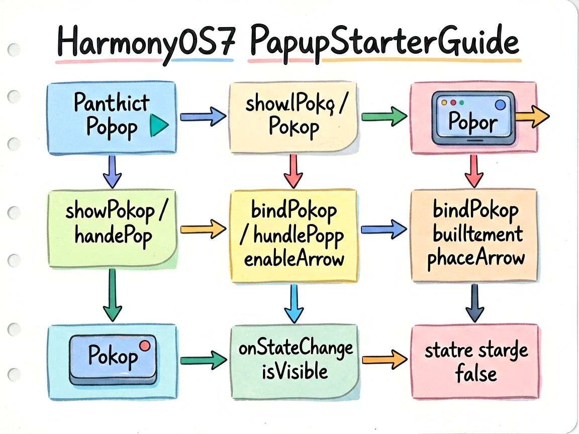 一张手绘笔记风流程图,内容来自 HarmonyOS7 PopupStarterGuide 示例。流程