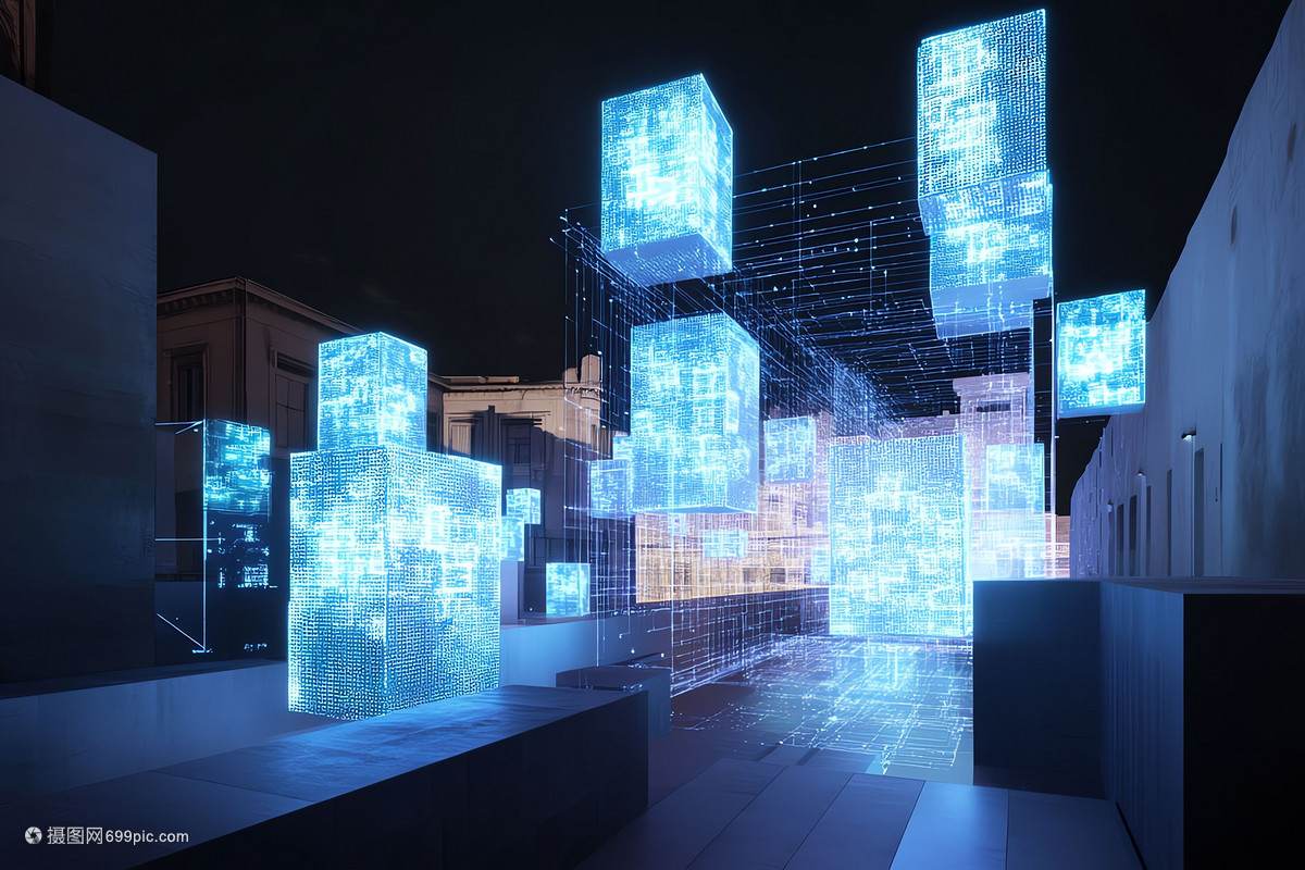 信息未来感数字方块场景图 半透明数据墙前的问号：科技想象场景里失灵的智能路灯