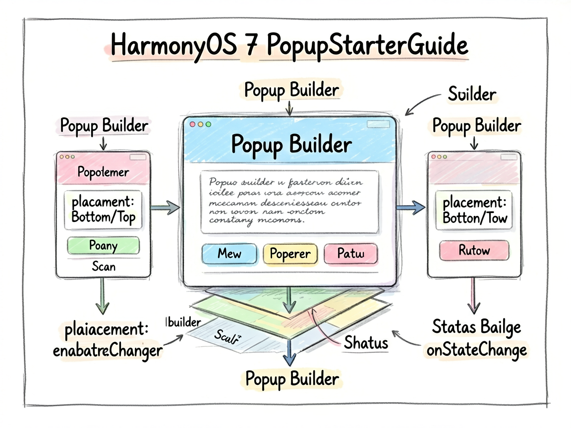 一张手绘笔记风框架图,解释 HarmonyOS7 PopupStarterGuide 中 Popup