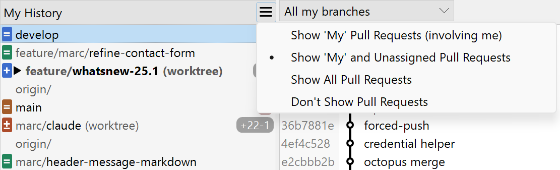 SmartGit 25.1 Standard window pull request filtering options for focused workflow management