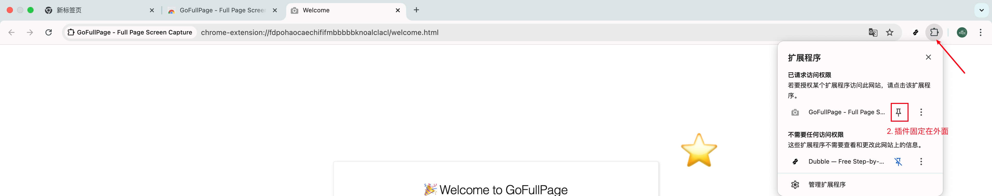 将 GoFullPage 固定到工具栏便于点击