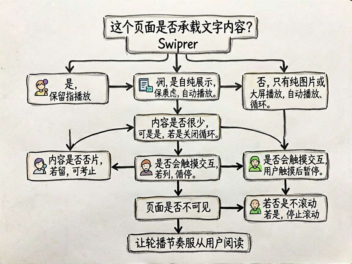 一张 HarmonyOS7 Swiper 轮播决策流程图,风格是手绘课堂笔记。流程从“这个页面是否承