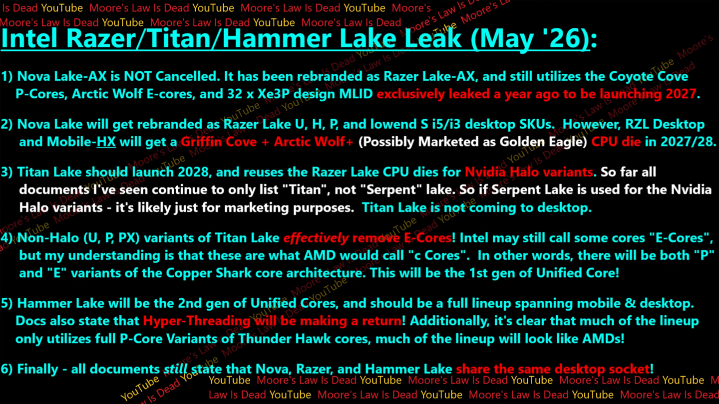 英特尔 Hammer Lake 处理器将引入统一核心架构并重拾超线程技术