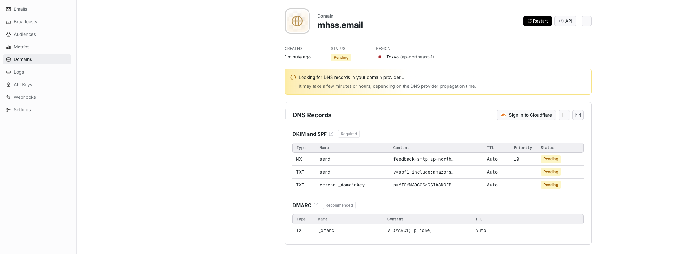 resend绑定完成，等待dns缓存更新
