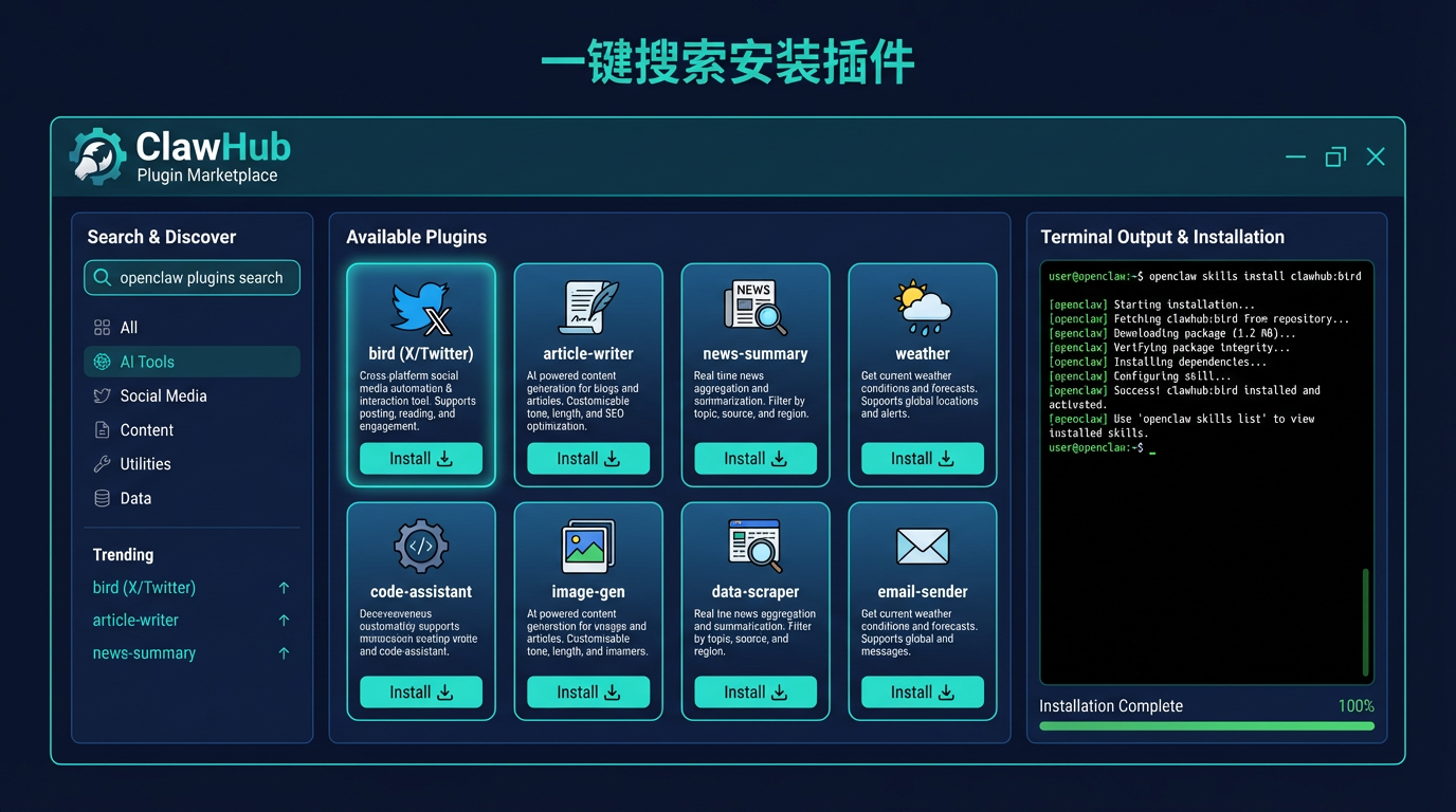 ClawHub 插件市场：搜索安装插件示意