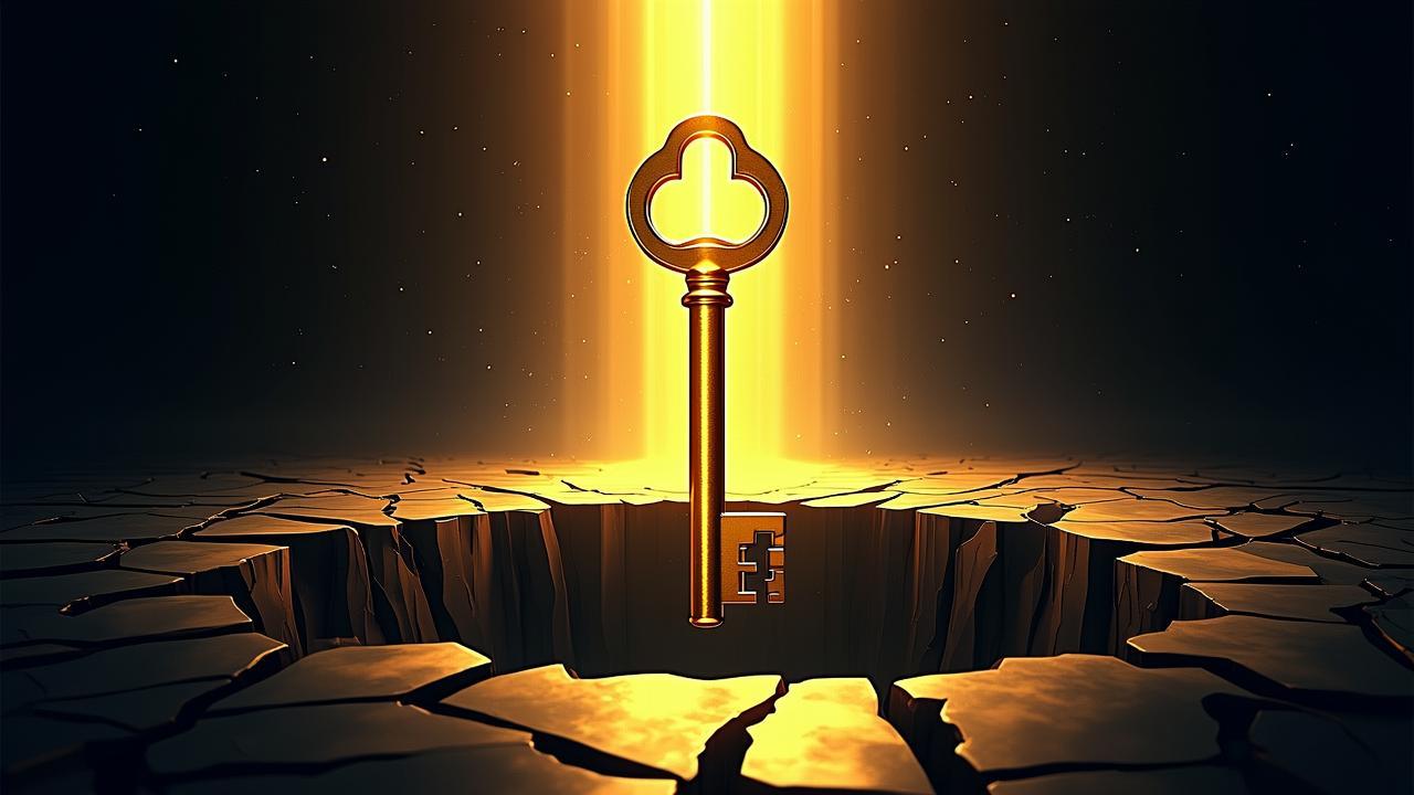 A heavy, glowing golden key hovering in mid-air, i