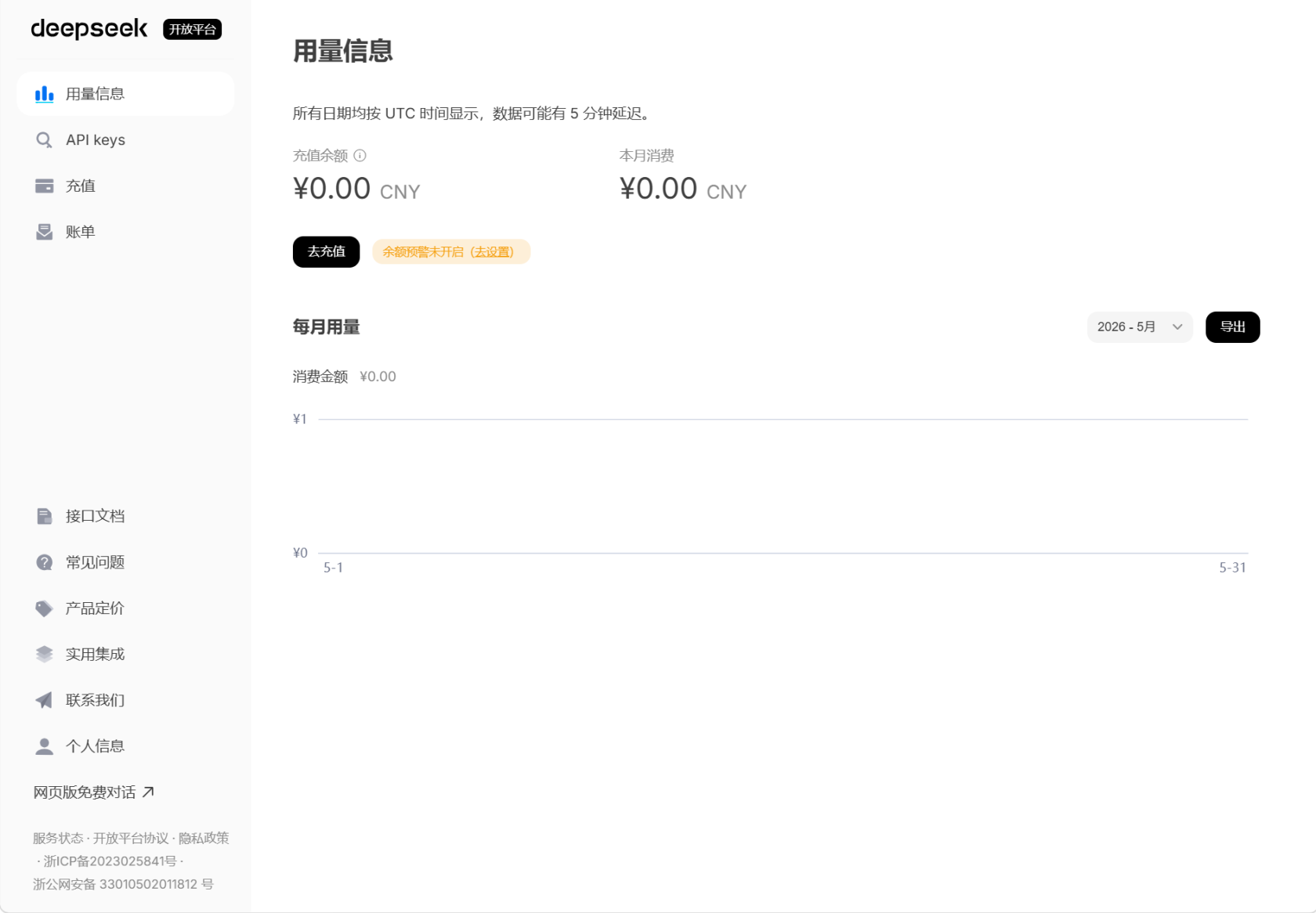 图 19：DeepSeek 平台用量与余额页面，可查看余额并充值。