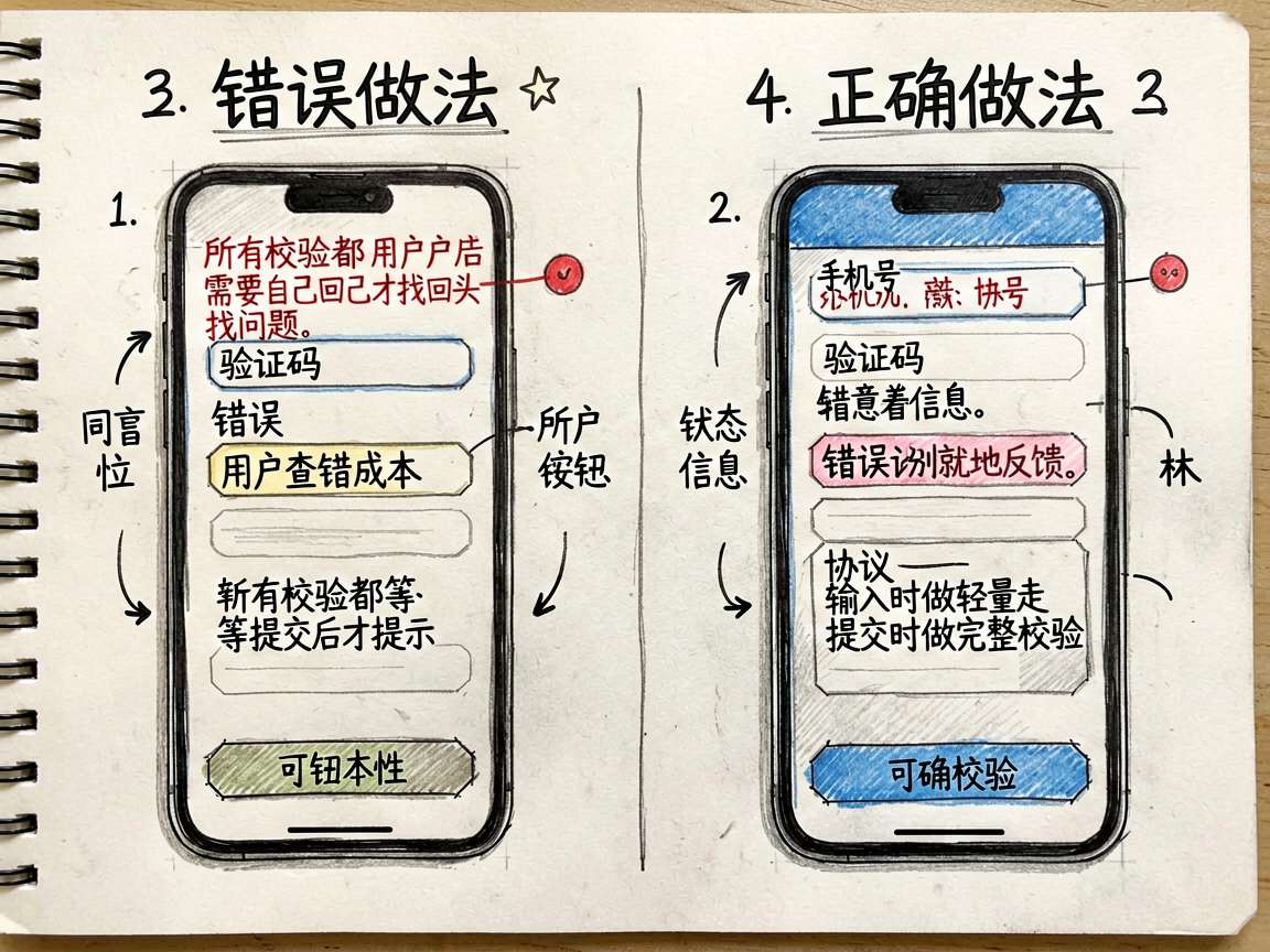 一张对比型手绘笔记图,左侧展示“错误做法”:所有校验都等提交后才提示,顶部堆满红色错误文案,用户需要