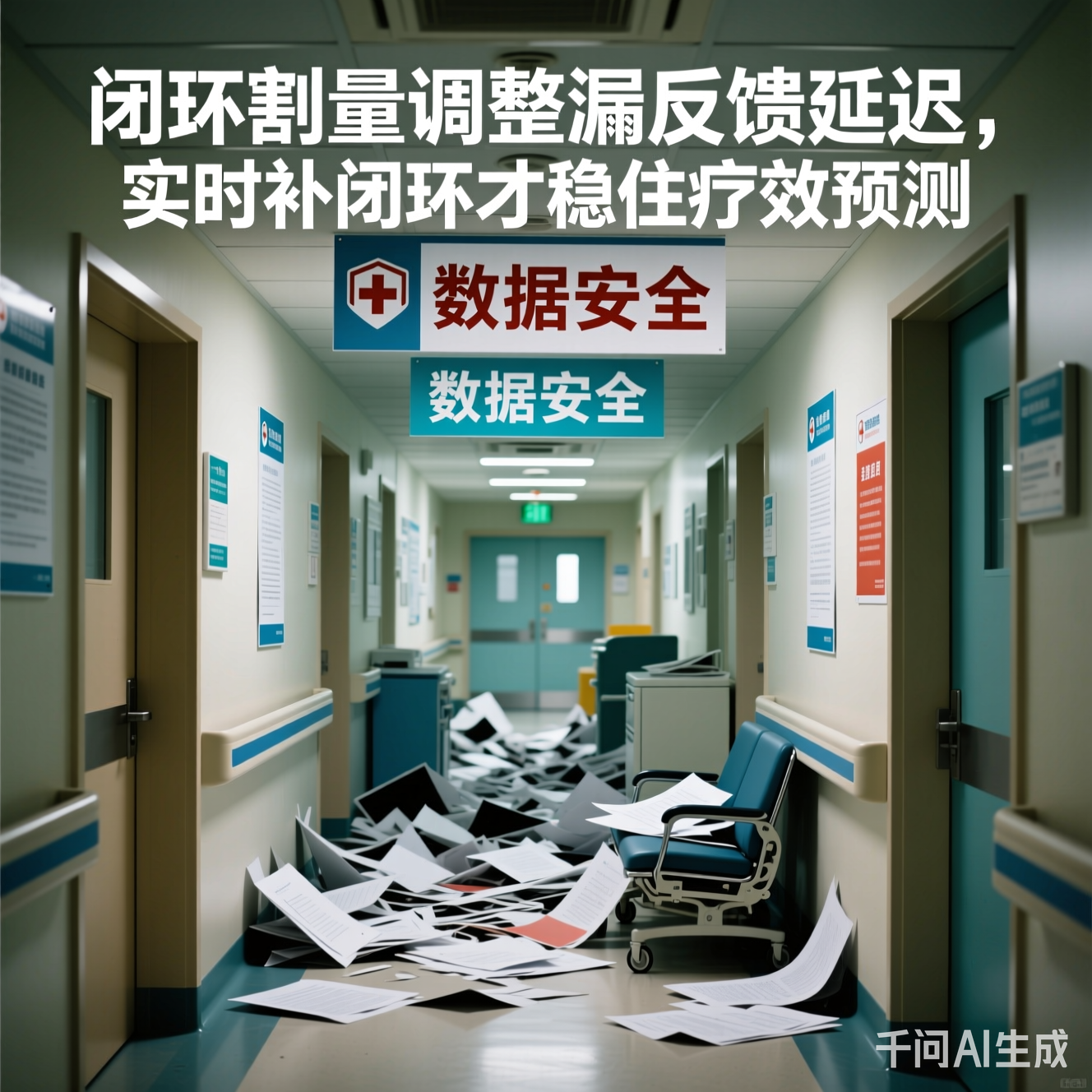 医院走廊上贴着"数据安全"标语的混乱场景