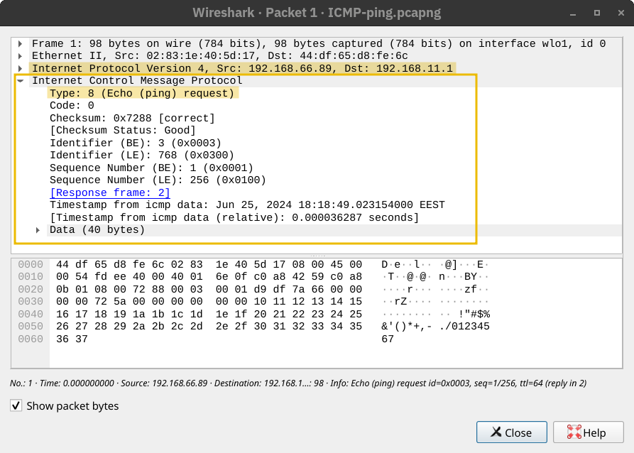 Wireshark showing an ICMP echo request datagram encapsulated within an IP packet.